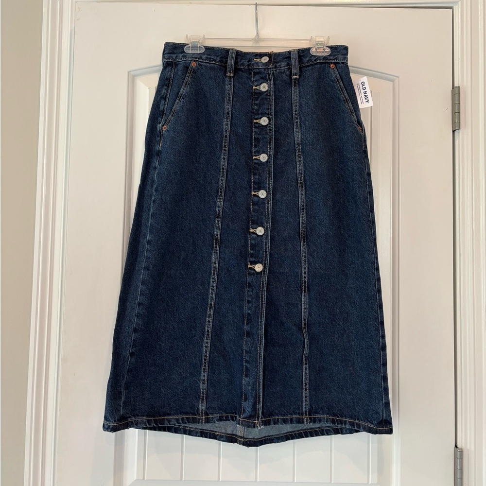 Old Navy Dark Blue Button-Front Midi Denim Skirt